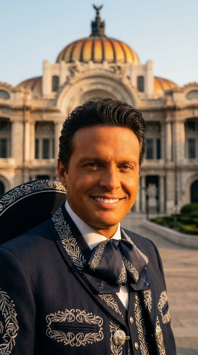 路易斯·米格尔作为墨西哥街头 mariachi 偶像,温暖的金棕色肤色,浓密深色波浪卷发向后梳起,身穿带银色刺绣的经典 charro 套装,站…, 图片 2
