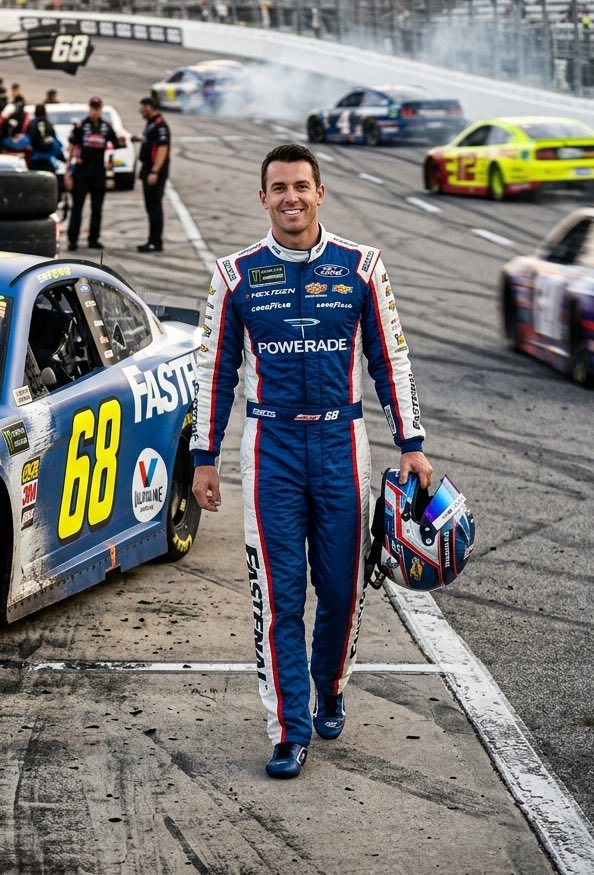 超写实电影质感正方形图像:画面中一位全身出镜、魅力十足的 NASCAR 赛车手(我),在我的赛车旁自信地向镜头走来,赛车位于画面左侧,正对前方…, 图片 1
