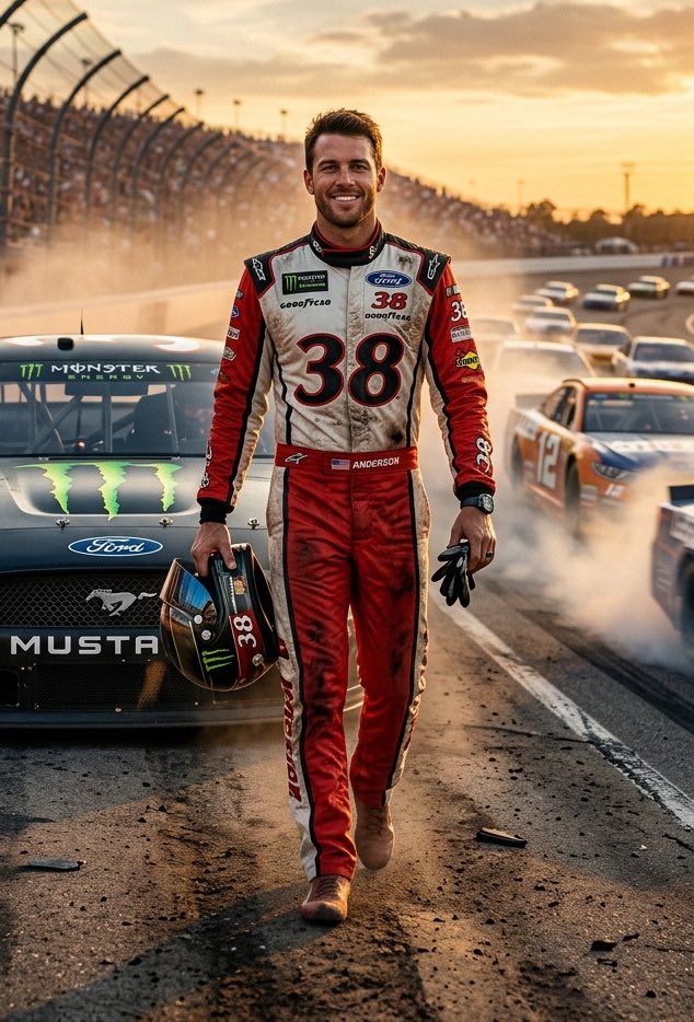 超写实电影质感正方形图像:画面中一位全身出镜、魅力十足的 NASCAR 赛车手(我),在我的赛车旁自信地向镜头走来,赛车位于画面左侧,正对前方…, 图片 2