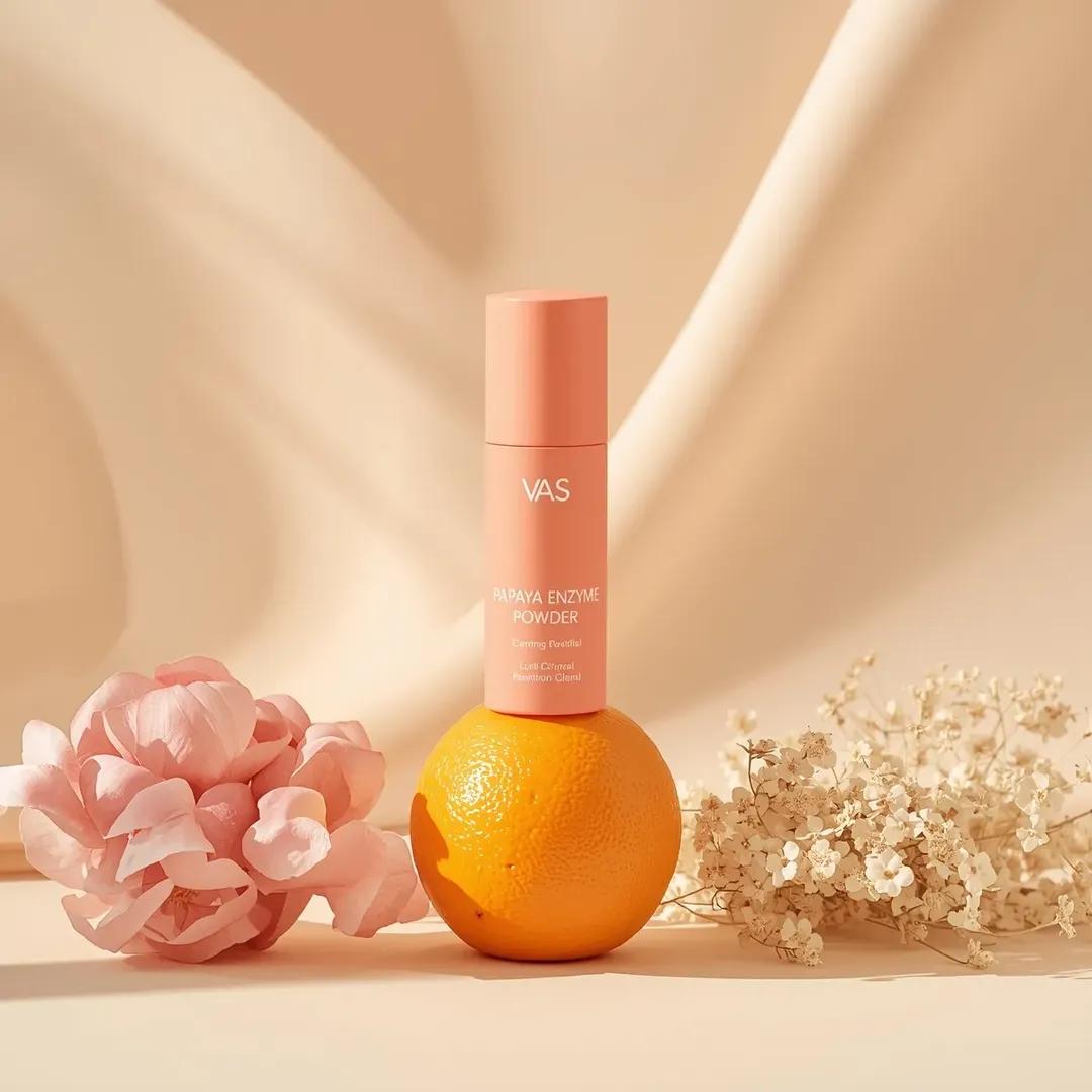 极简高端产品摄影：亮粉色圆柱形护肤瓶，标签为“PAPAYA ENZYME POWDER”（品牌“VAS”），垂直立在一颗新鲜橙子上，居中构图，…, 图片 2