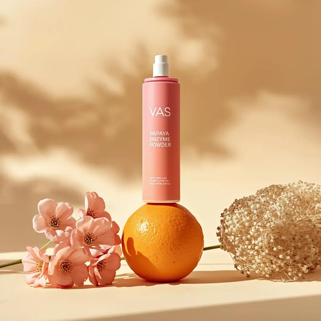 极简高端产品摄影：亮粉色圆柱形护肤瓶，标签为“PAPAYA ENZYME POWDER”（品牌“VAS”），垂直立在一颗新鲜橙子上，居中构图，…, 图片 4