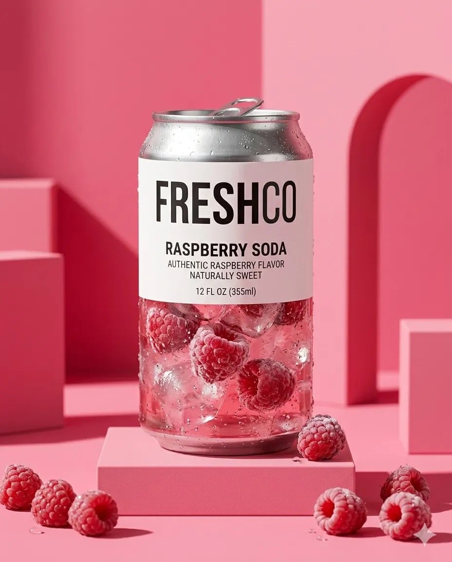 极简产品摄影:透明苏打罐,标签为“FRESHCO Raspberry Soda”(FRESHCO 覆盆子苏打),罐内装有气泡液体、冰块和新鲜覆…, 图片 1