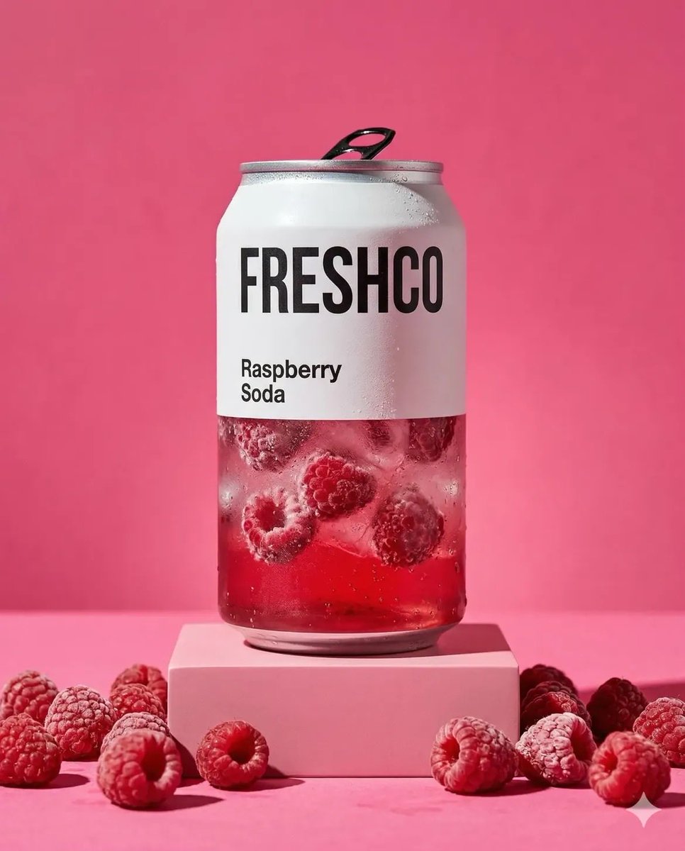 极简产品摄影:透明苏打罐,标签为“FRESHCO Raspberry Soda”(FRESHCO 覆盆子苏打),罐内装有气泡液体、冰块和新鲜覆…, 图片 2