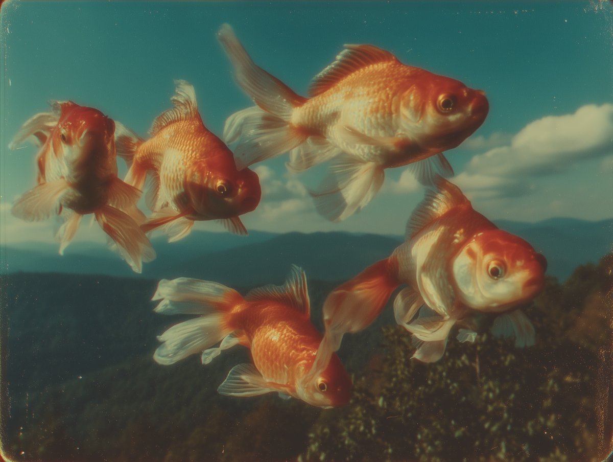 悬浮在一场梦幻般的、超现实的碰撞之中——水中的游动与开阔的户外风景交织在一起——五条鲜艳的橙色金鱼在游动中漂浮，仿佛毫不费力地翱翔在一片广阔的…, 图片 1