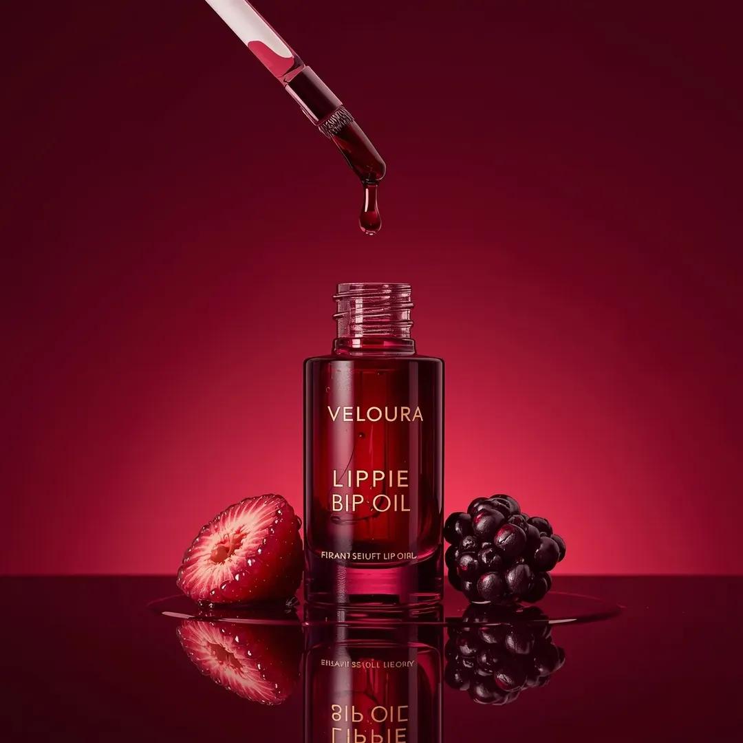 高端商业美妆产品摄影：一个(唇油瓶)，标签为“(Veloura Lippie Bestie Lip Oil)”，略微偏离中心放置在丰富的(深莓…, 图片 2