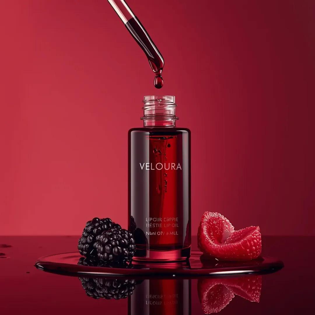 高端商业美妆产品摄影：一个(唇油瓶)，标签为“(Veloura Lippie Bestie Lip Oil)”，略微偏离中心放置在丰富的(深莓…, 图片 4