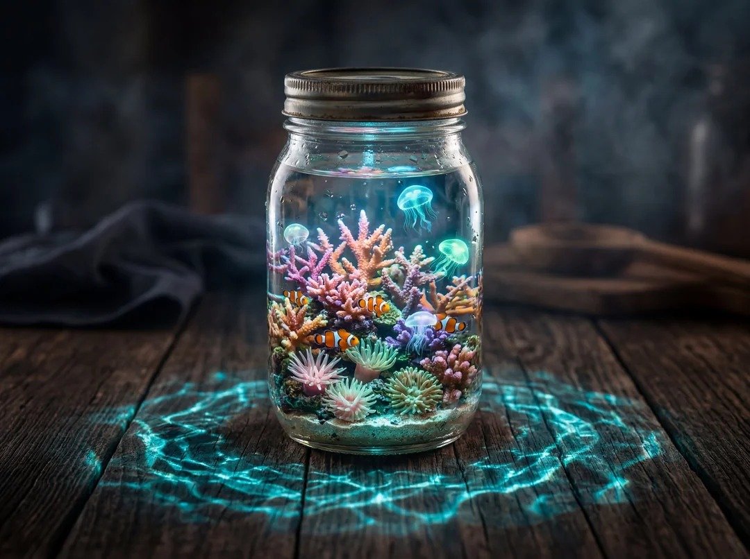 一个透明的玻璃[CONTAINER]摆放在深色木质桌面上，[CONTAINER]内部是一个完整的微型[ECOSYSTEM]，包含[KEY VI…, 图片 1