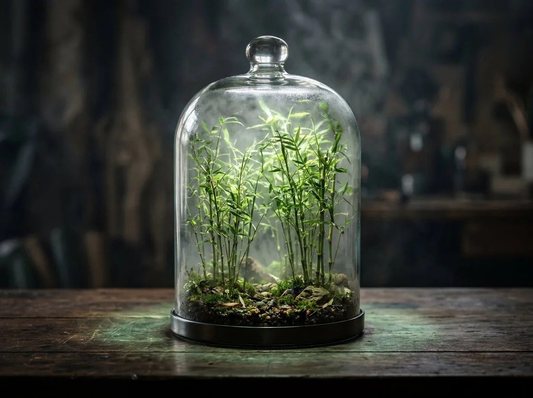 一个透明的玻璃[CONTAINER]摆放在深色木质桌面上，[CONTAINER]内部是一个完整的微型[ECOSYSTEM]，包含[KEY VI…, 图片 2