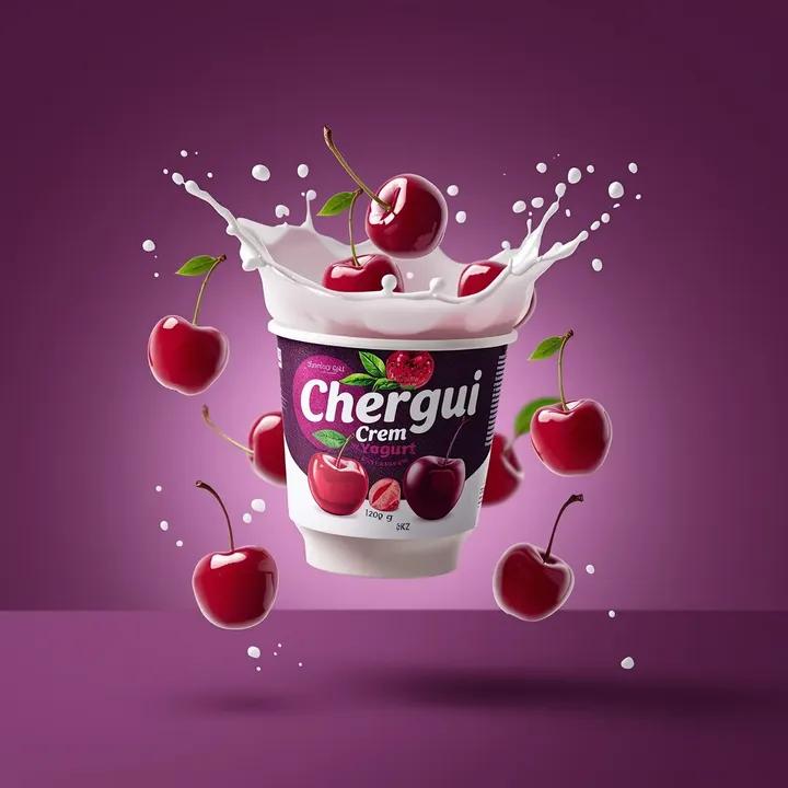 - 高端商业产品摄影：一个（酸奶杯），标签为“（Chergui Crème Cherry Yogurt）”，在半空中拍摄，杯子略微倾斜，（铝箔…, 图片 1