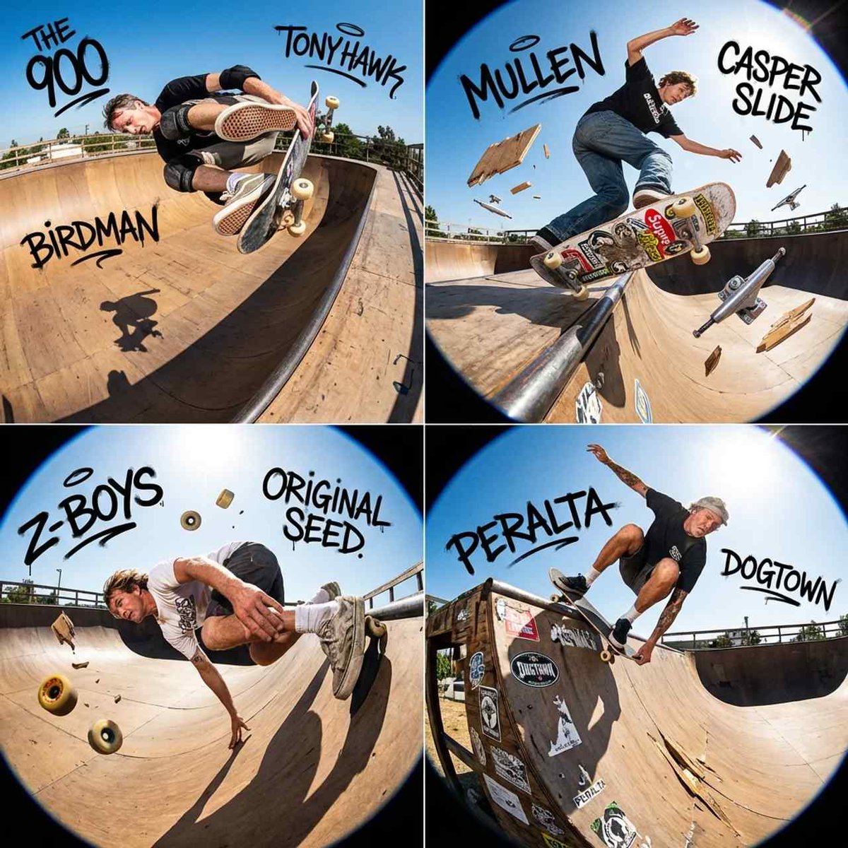 `2x2 网格,为此绘制 4 位传奇滑板运动员(例如 Tony Hawk、Rodney Mullen、Jay Adams)` <instruc…, 图片 1