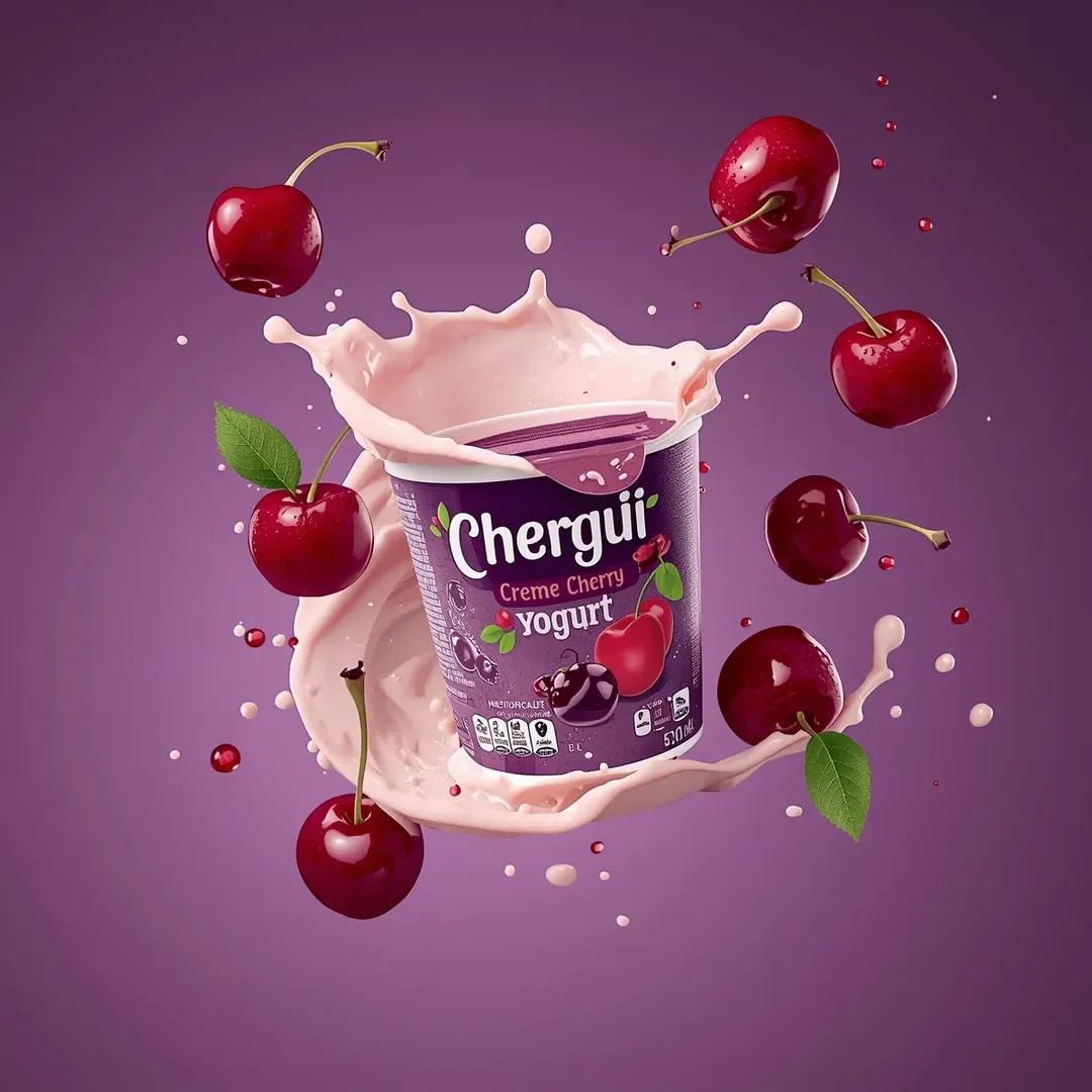 高端商业产品摄影，拍摄一个标有“(Chergui Crème Cherry Yogurt)”（切尔吉奶油樱桃酸奶）的(酸奶杯)，杯子在空中略微…, 图片 1