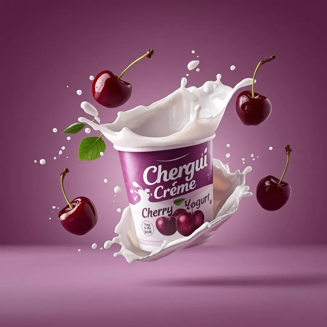 高端商业产品摄影，拍摄一个标有“(Chergui Crème Cherry Yogurt)”（切尔吉奶油樱桃酸奶）的(酸奶杯)，杯子在空中略微…, 图片 3