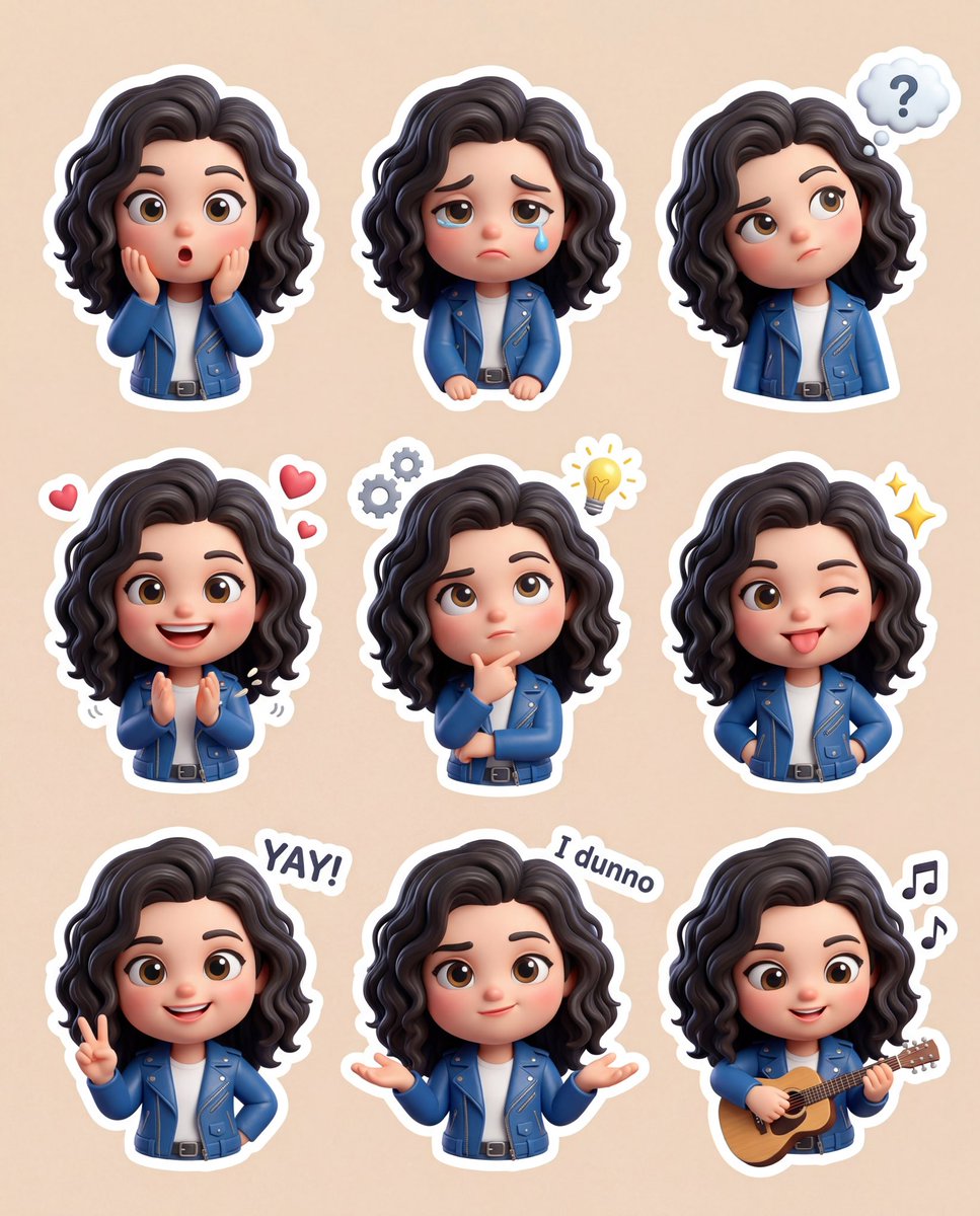 一个可爱的3D Q版（chibi）风格卡通贴纸套装，呈现同一角色在不同情绪和姿势下的样子（请使用上传的面部作为参考）。闪亮且富有表现力的大眼睛…, 图片 1