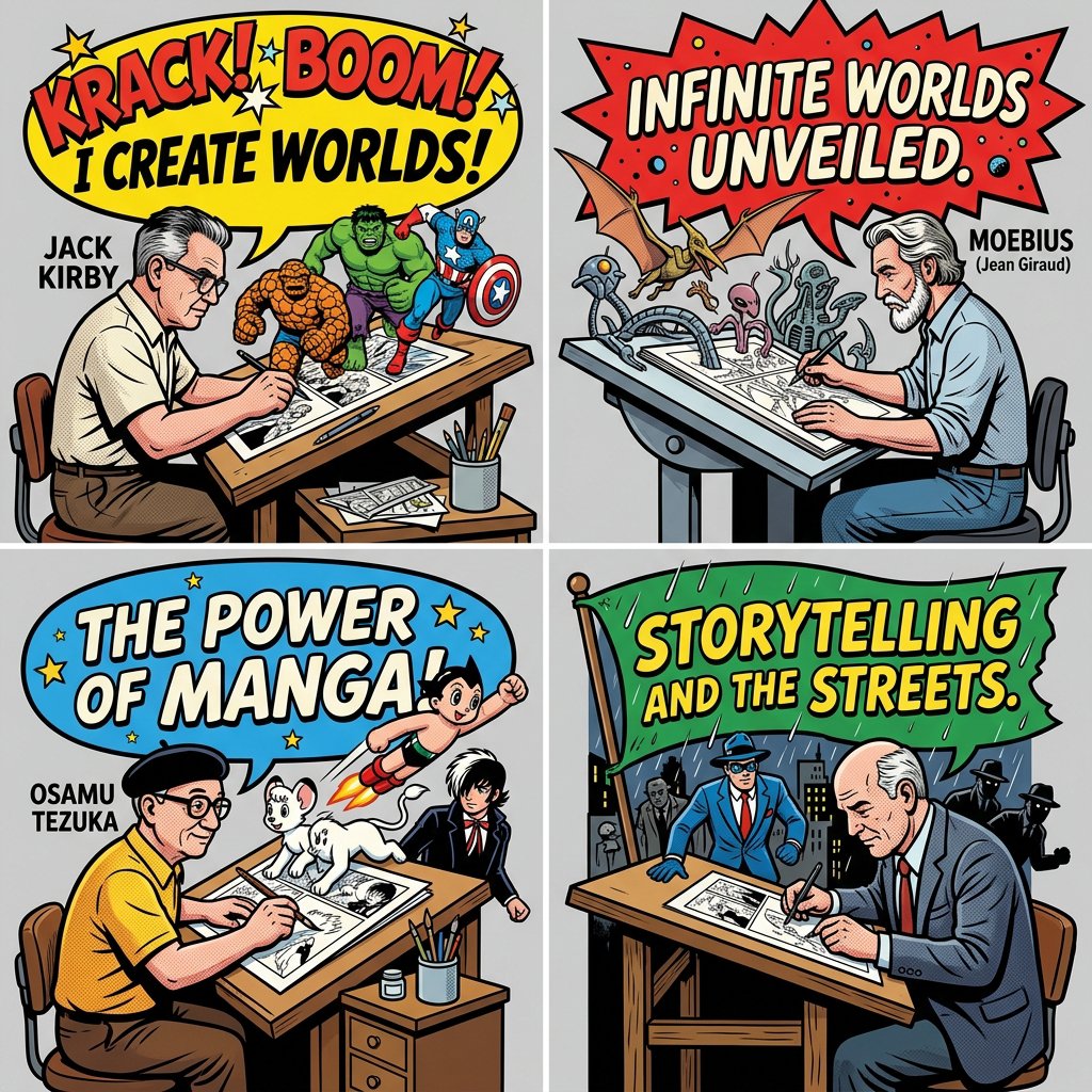 `2x2 grid, do this for 4 Legendary Comic Artists (e.g. Jack Kirby, Stan…, 图片 1