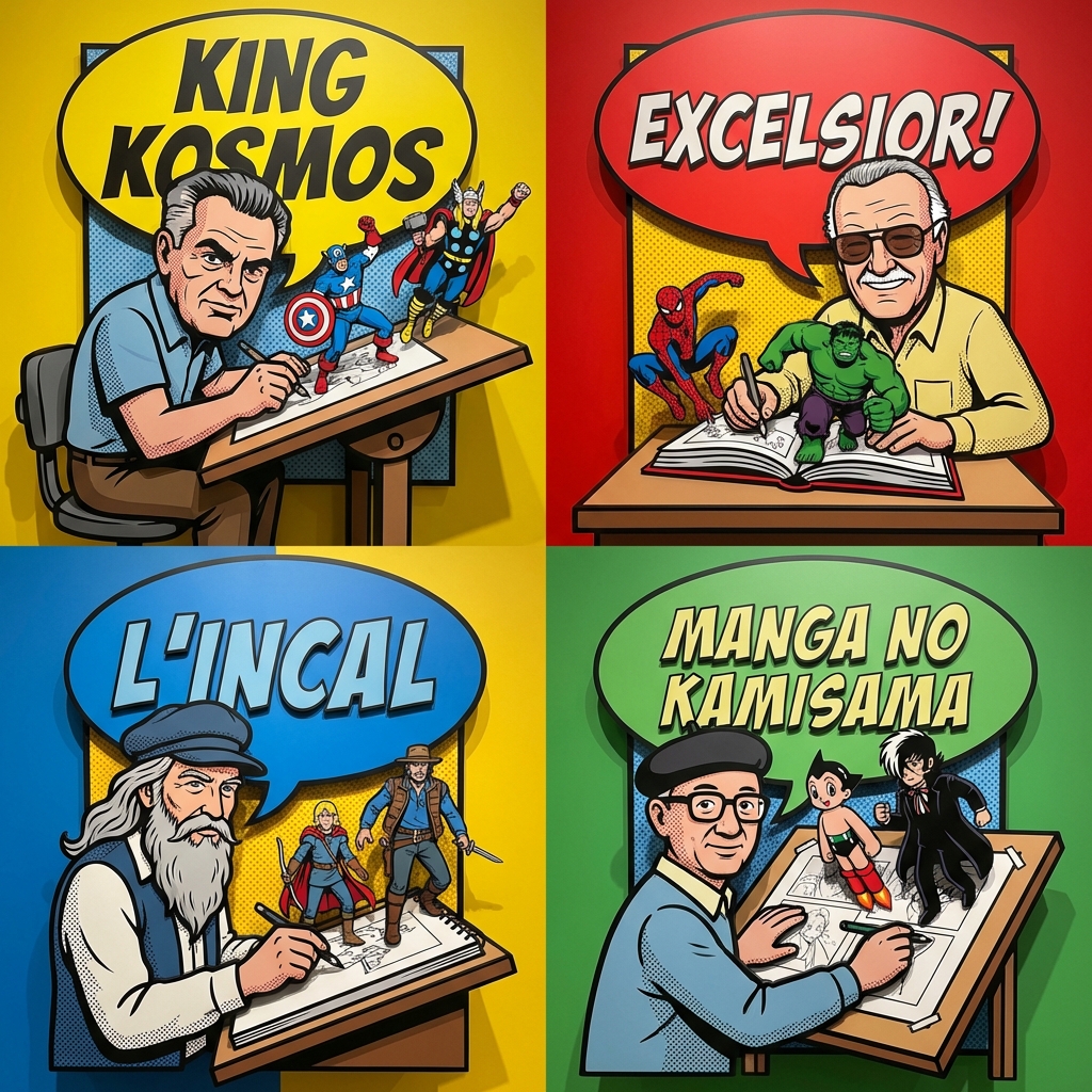 `2x2 grid, do this for 4 Legendary Comic Artists (e.g. Jack Kirby, Stan…, 图片 2