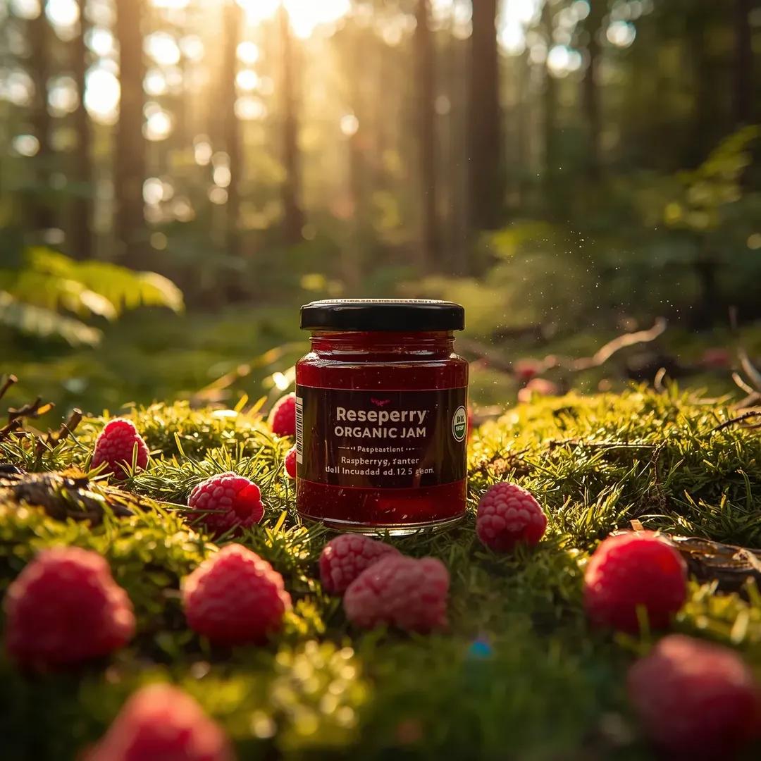 高端商业食品产品摄影:一个(覆盆子果酱玻璃罐),标签为“(Reseperry Organic Jam)”,自然地摆放在郁郁葱葱的(苔藓覆盖的森…, 图片 2
