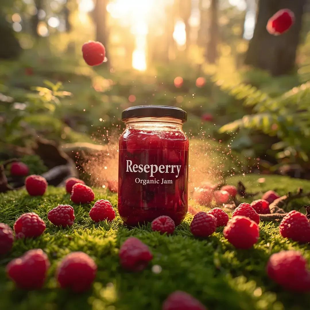 高端商业食品产品摄影:一个(覆盆子果酱玻璃罐),标签为“(Reseperry Organic Jam)”,自然地摆放在郁郁葱葱的(苔藓覆盖的森…, 图片 3