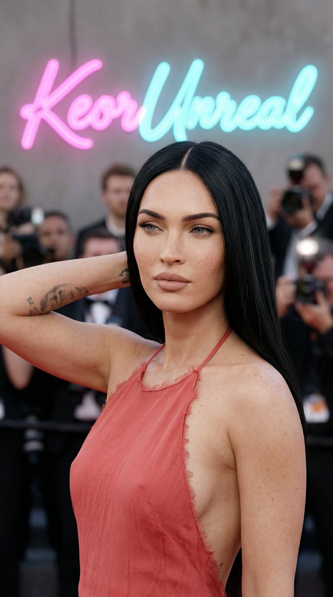 超写实红毯肖像,9:16 长宽比。 Megan Fox,面容精致、气质古典,白皙肌肤在肩膀和面部可见雀斑,长直黑发中分垂落于一侧肩头,自然妆容…, 图片 1
