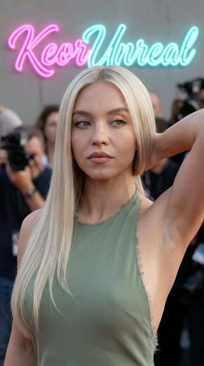 超写实红毯肖像,9:16 长宽比。 Megan Fox,面容精致、气质古典,白皙肌肤在肩膀和面部可见雀斑,长直黑发中分垂落于一侧肩头,自然妆容…, 图片 2