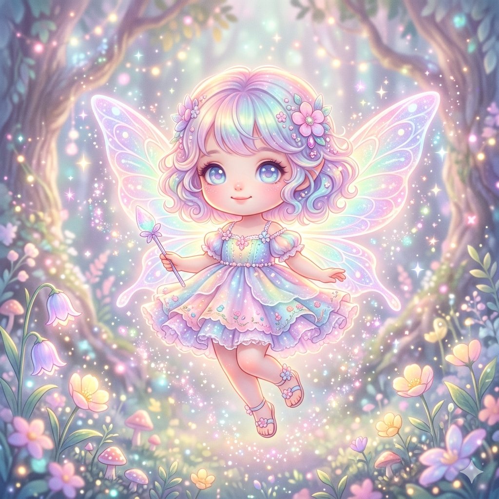 一个迷你的Q版(chibi)仙女女孩,长着发光的翅膀,漂浮在空中,被闪光和小光点环绕,马卡龙彩虹色调,柔和光晕,大大的灵动眼睛,奇幻可爱美学,…, 图片 1