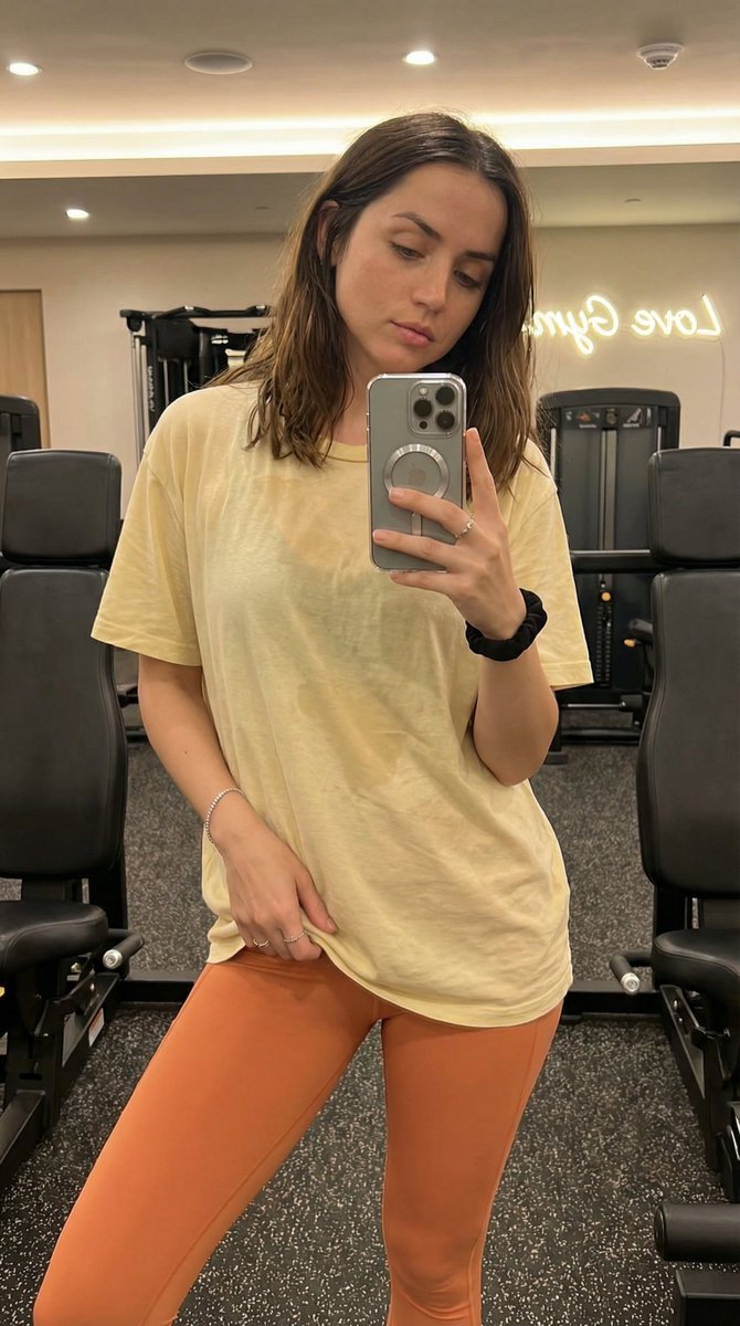 现代健身房内 Madelyn Cline 的写实风格、高度精细的抓拍式智能手机镜面自拍。她拥有运动型、曲线优美且健美的身材，腰部线条分明。她穿…, 图片 1