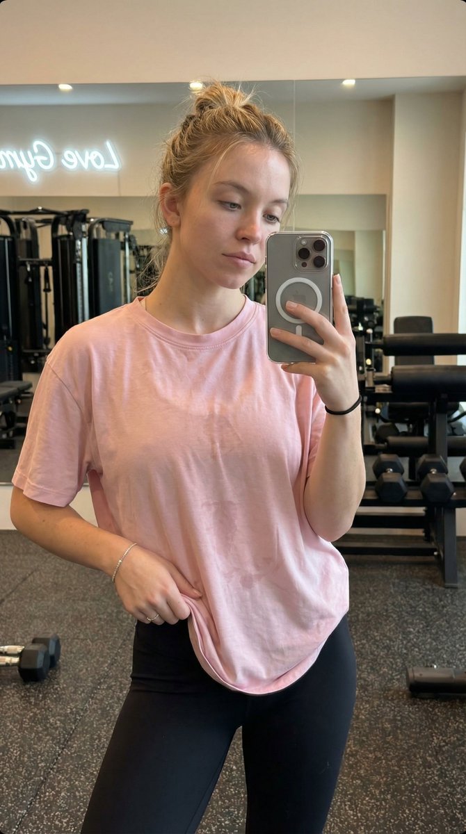 现代健身房内 Madelyn Cline 的写实风格、高度精细的抓拍式智能手机镜面自拍。她拥有运动型、曲线优美且健美的身材，腰部线条分明。她穿…, 图片 2