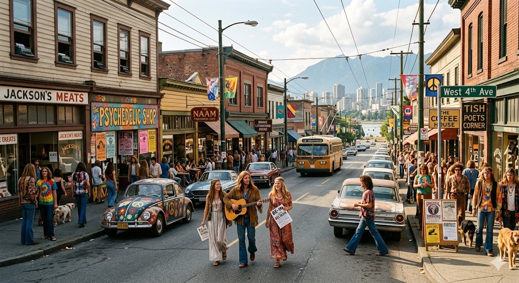 生成一张图片,展现1967年"爱之夏"(Summer of Love)期间西四大道(West 4th Avenue)可能的样子 https:/…, 图片 1