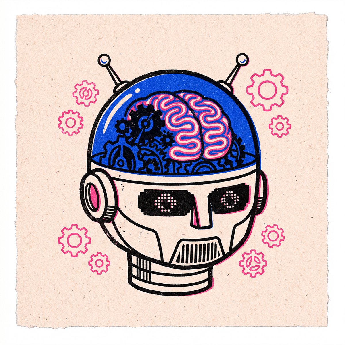一幅位于中心的单幅插画，主体为[一个角色或生物，例如战士形象、神话野兽或优雅人物]。风格为极简主义 Risograph 孔版印刷/丝网印刷，带…, 图片 3