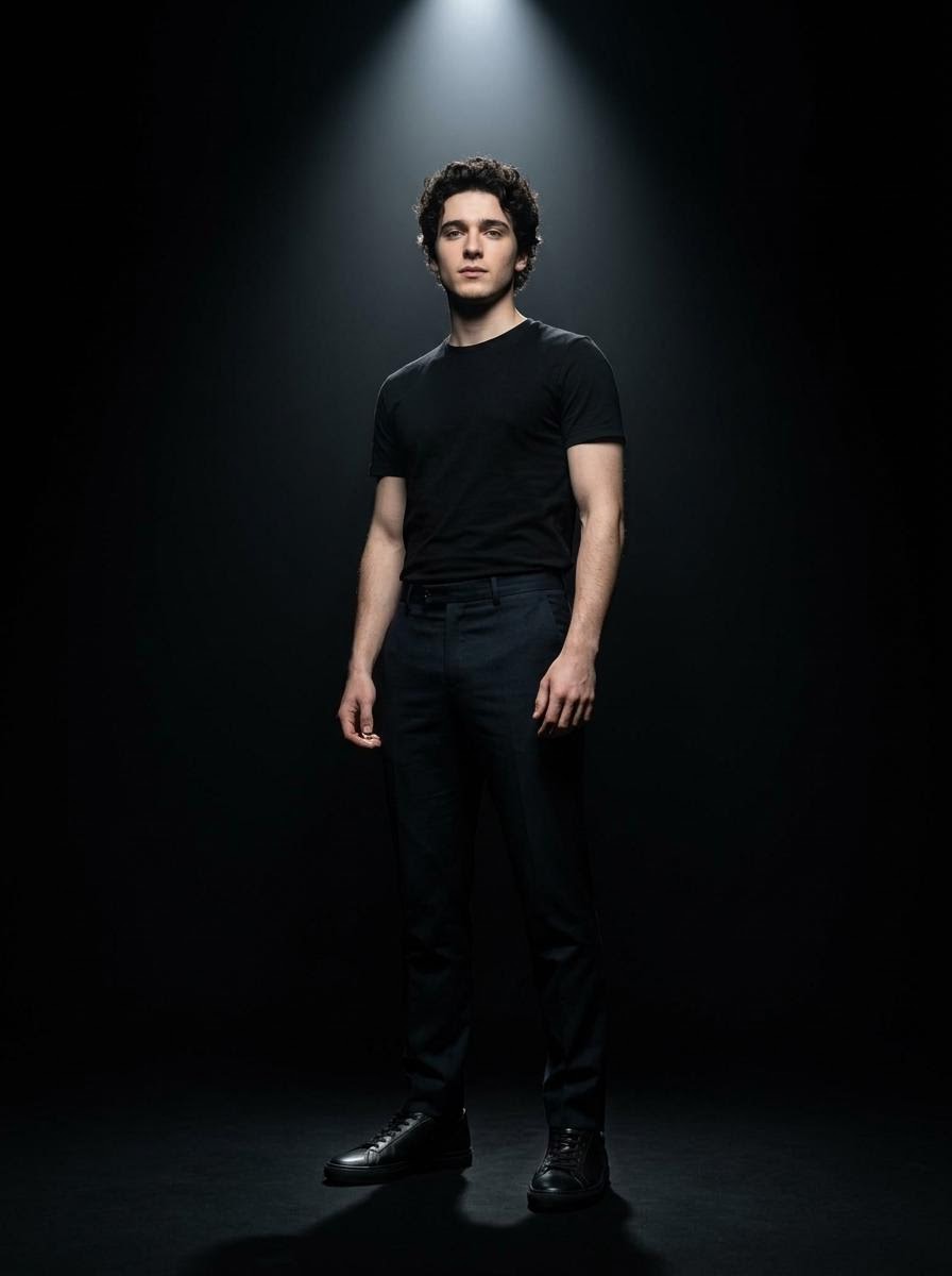 使用上传图像中的面部,创作一张真实感强的电影感人物照片。人物站立于一个干净、极简的工作室中,背景完全纯净(黑色、白色或柔和的灰色)。一束强烈的…, 图片 1