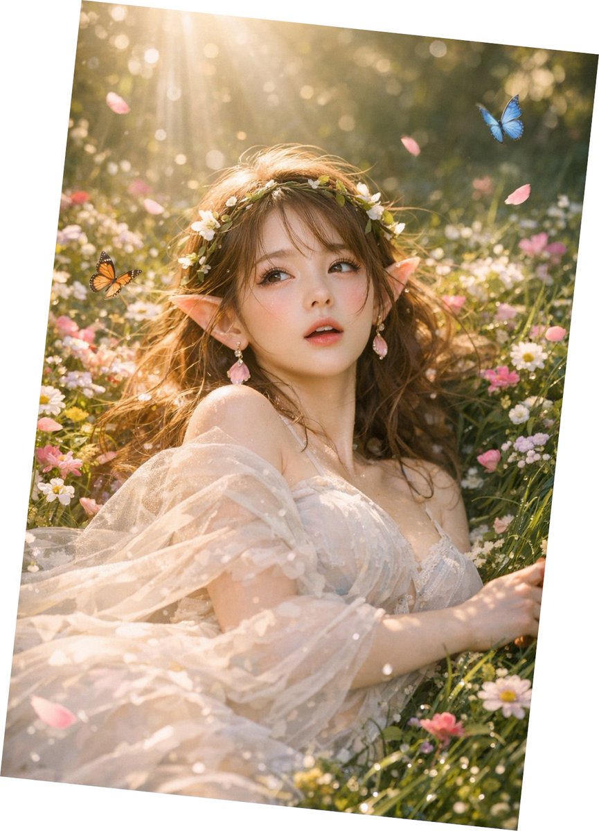 躺在春天花丛中的惊醒的精灵少女，全身 ，灵动娇俏，眼眸微睁，睫毛颤动，尖耳剔透，肌肤莹白，发丝轻扬，薄纱长裙，藤蔓发饰，花瓣耳坠，轻纱披肩，春…, 图片 4