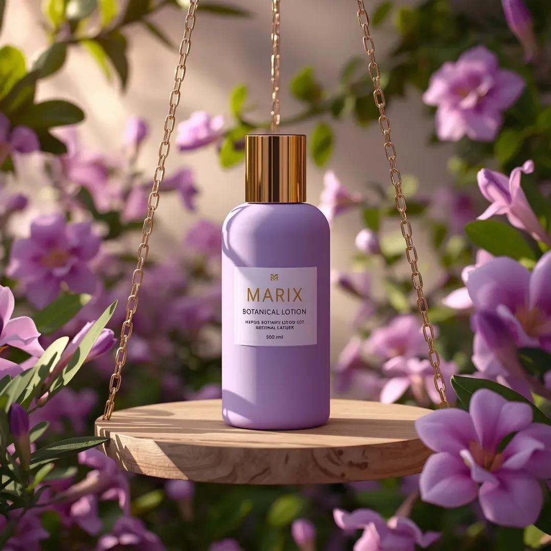 高端商业美妆产品摄影：一个（化妆品瓶），标签为“（Marix Botanical Lotion）”，直立放置于一个由优雅的（金色链条）悬挂的（…, 图片 1