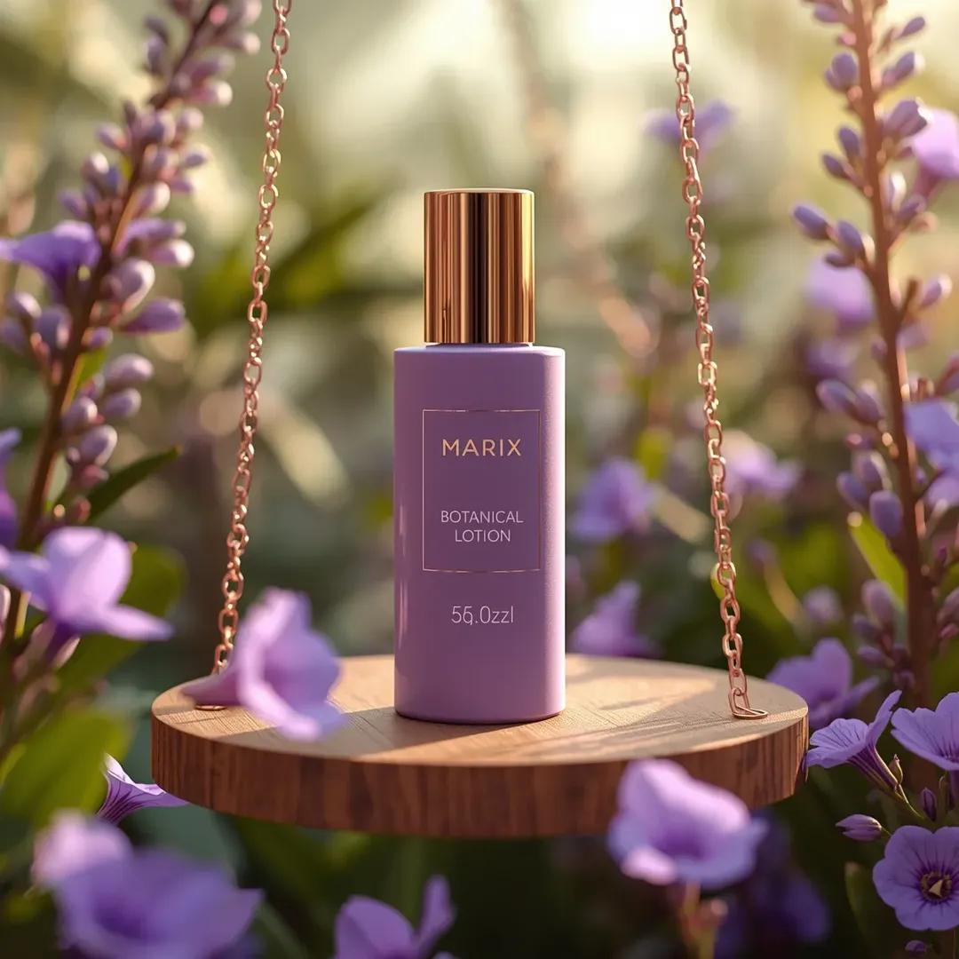 高端商业美妆产品摄影：一个（化妆品瓶），标签为“（Marix Botanical Lotion）”，直立放置于一个由优雅的（金色链条）悬挂的（…, 图片 2