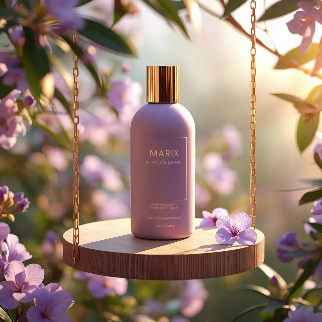 高端商业美妆产品摄影：一个（化妆品瓶），标签为“（Marix Botanical Lotion）”，直立放置于一个由优雅的（金色链条）悬挂的（…, 图片 3