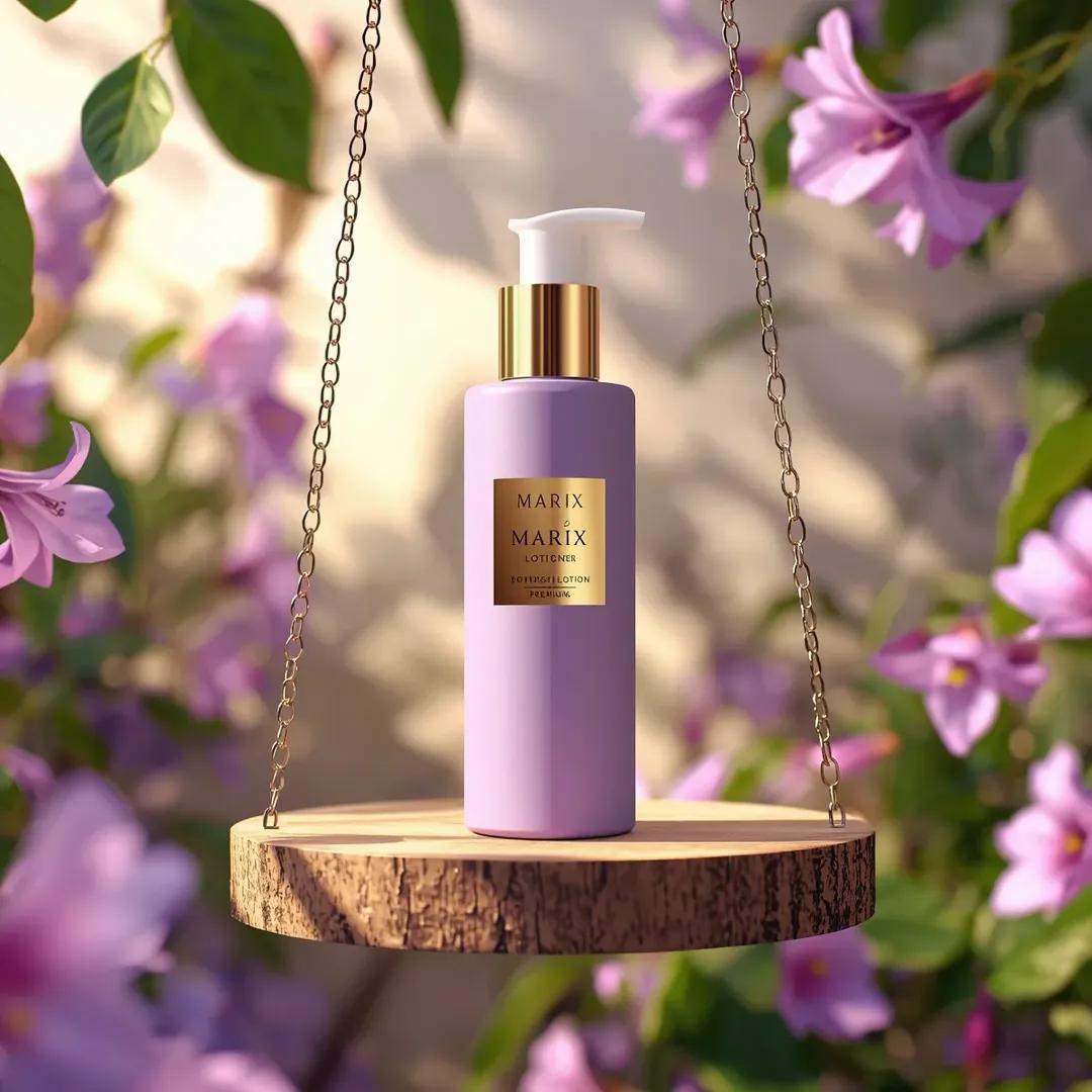 高端商业美妆产品摄影：一个（化妆品瓶），标签为“（Marix Botanical Lotion）”，直立放置于一个由优雅的（金色链条）悬挂的（…, 图片 4