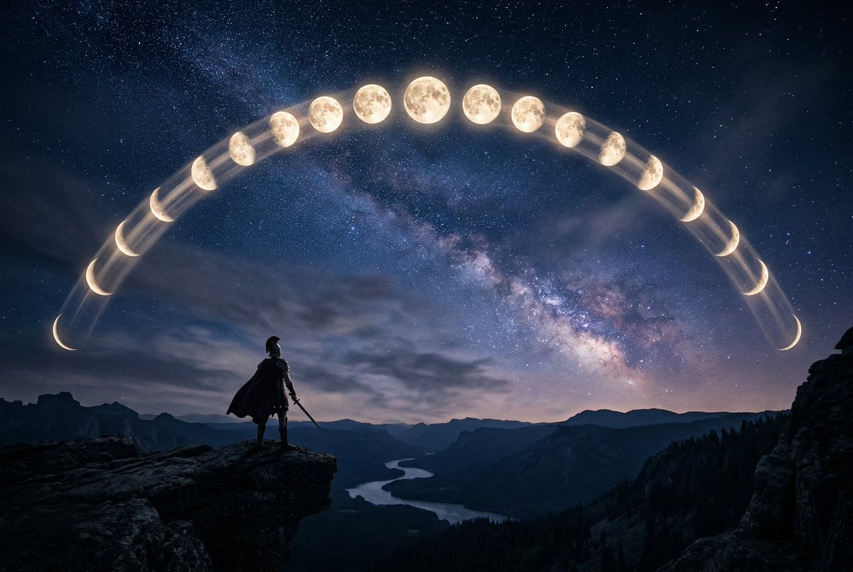 - “一幅超现实的电影感夜空,在一个画面中展现完整的月相周期,多个月亮相位以完美的曲线弧形排列在天空之中,从纤细的新月到满月再到渐隐的残月,每…, 图片 1