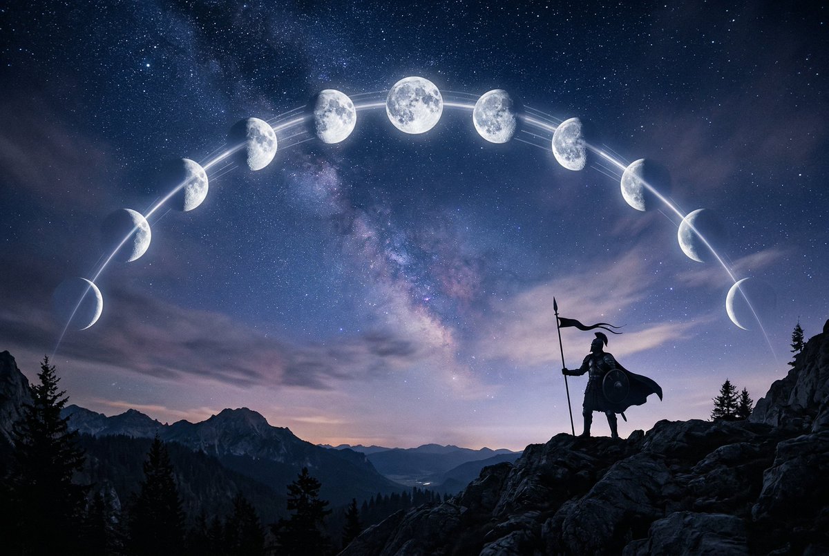 - “一幅超现实的电影感夜空,在一个画面中展现完整的月相周期,多个月亮相位以完美的曲线弧形排列在天空之中,从纤细的新月到满月再到渐隐的残月,每…, 图片 2