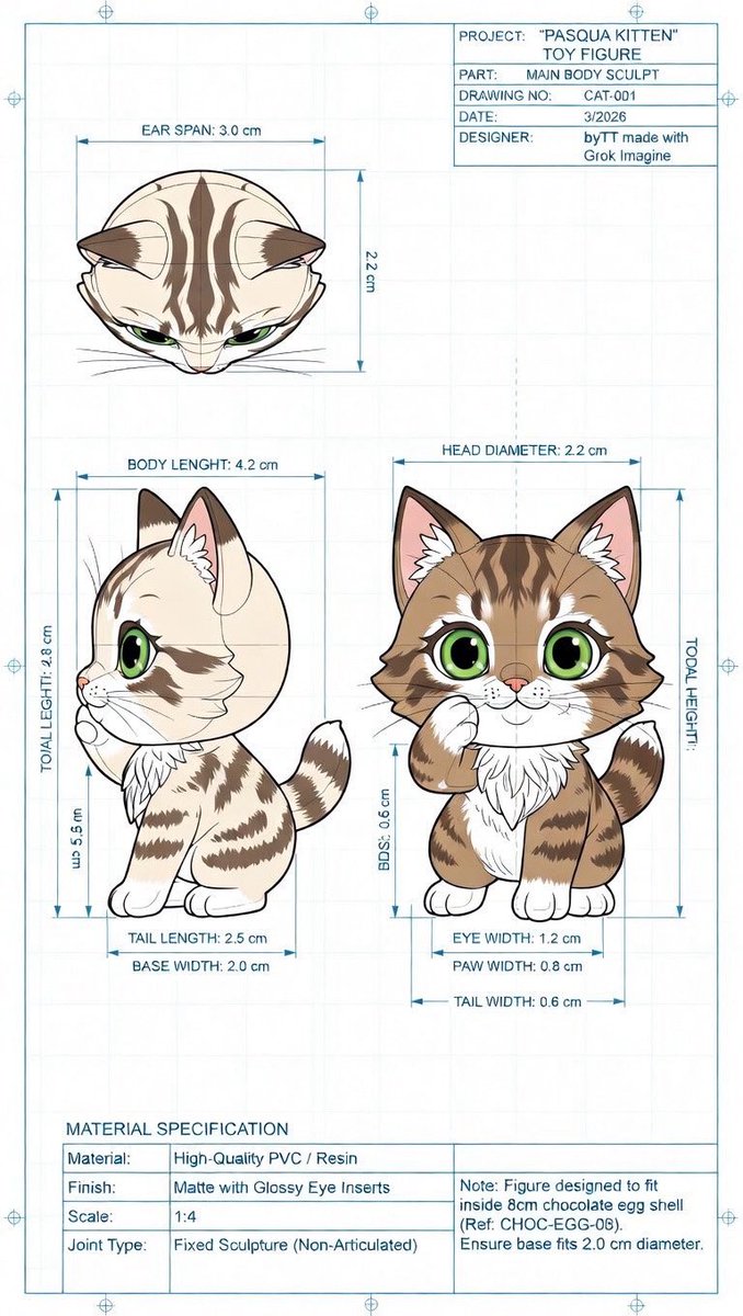 “制作一份作为专业模板的草图,包含尺寸信息,用于将猫咪制作成挤出的3D模型玩偶。”, 图片 2
