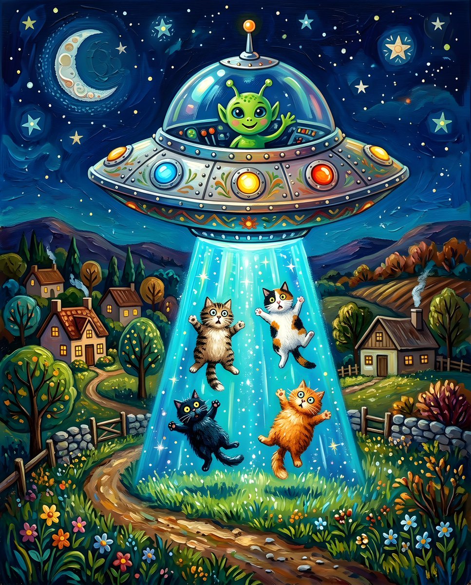 民间艺术风格的绘画:一只可爱的绿色外星人坐在一艘闪闪发亮的铬合金 1950 年代风格飞碟里,飞碟低空悬浮在夜晚的乡村上空,一道发光的蓝色牵引光…, 图片 1