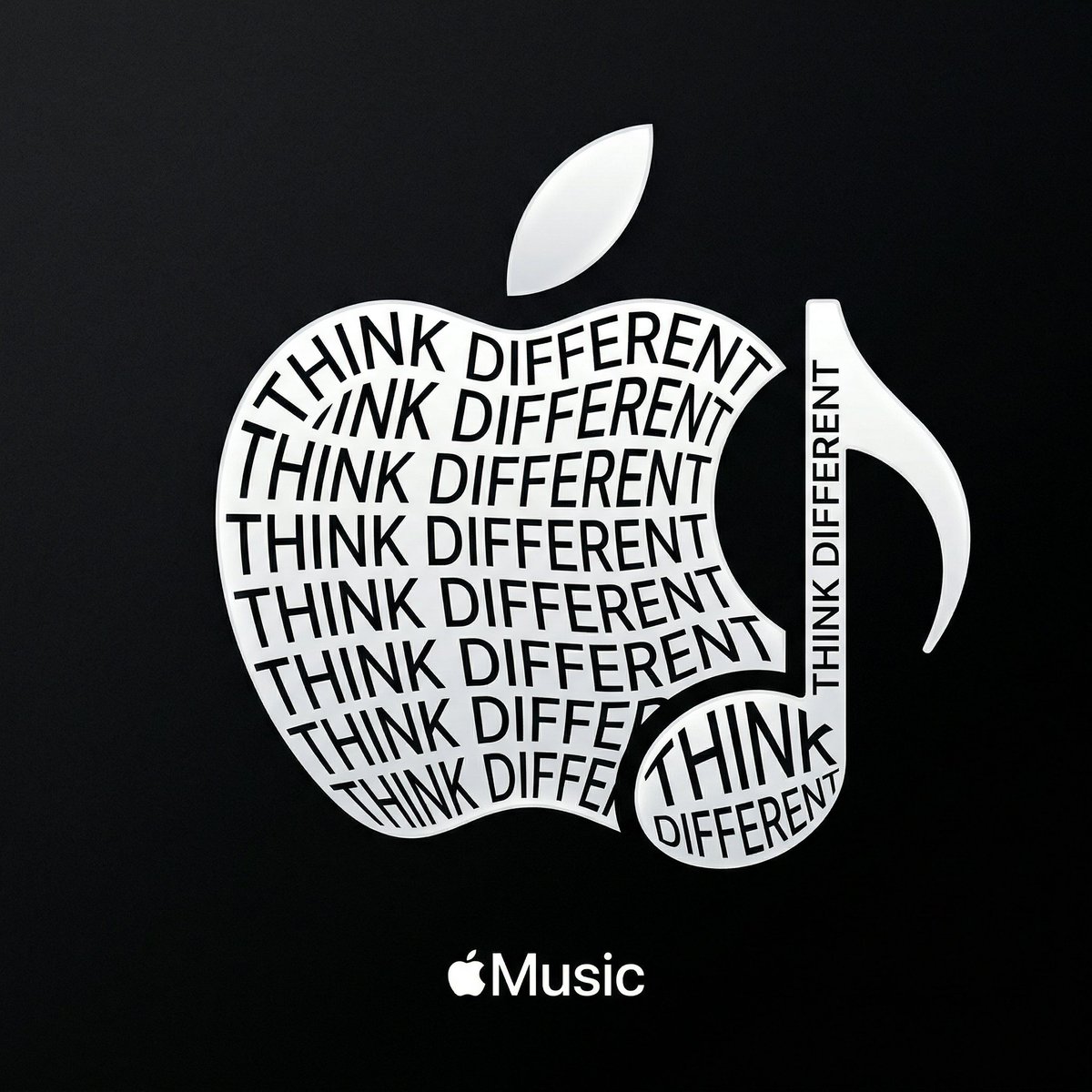 创建一个极简 Apple 标志或音符造型的排版插画，用文字 “THINK DIFFERENT”（致敬 Apple 风格的标语）构成整个轮廓。, 图片 3
