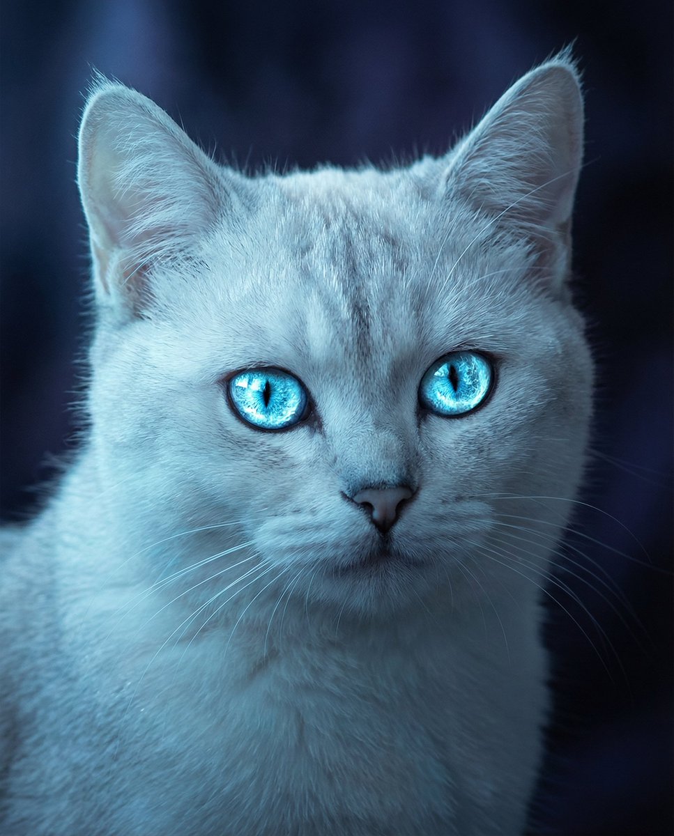 一幅引人注目的猫咪肖像,以其锐利、闪闪发光的蓝色眼睛作为无可争议的焦点,超精细的虹膜宛如冰川之光般闪耀,柔软如瓷的毛发带有微妙的银色和珍珠色调…, 图片 1