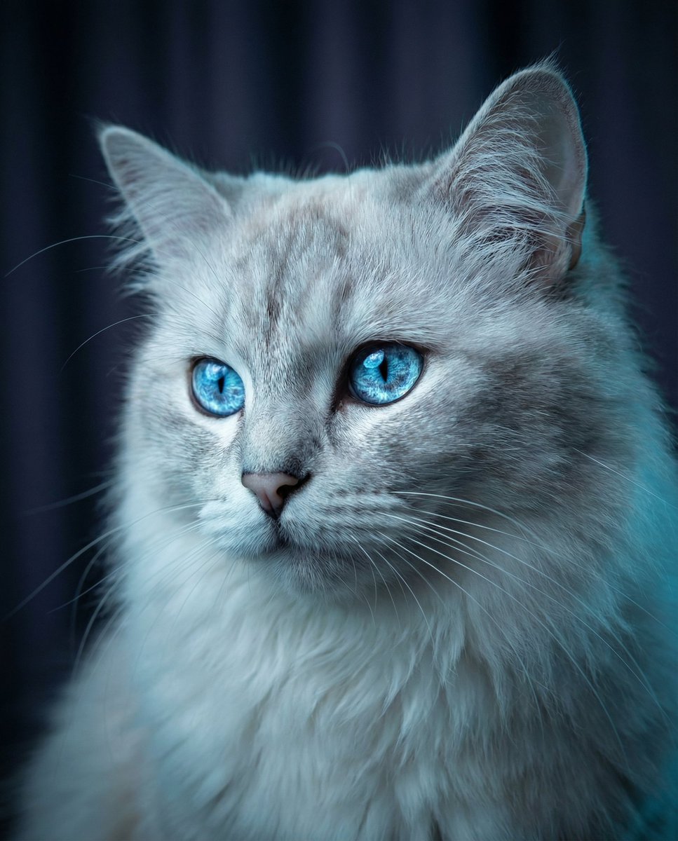一幅引人注目的猫咪肖像,以其锐利、闪闪发光的蓝色眼睛作为无可争议的焦点,超精细的虹膜宛如冰川之光般闪耀,柔软如瓷的毛发带有微妙的银色和珍珠色调…, 图片 2