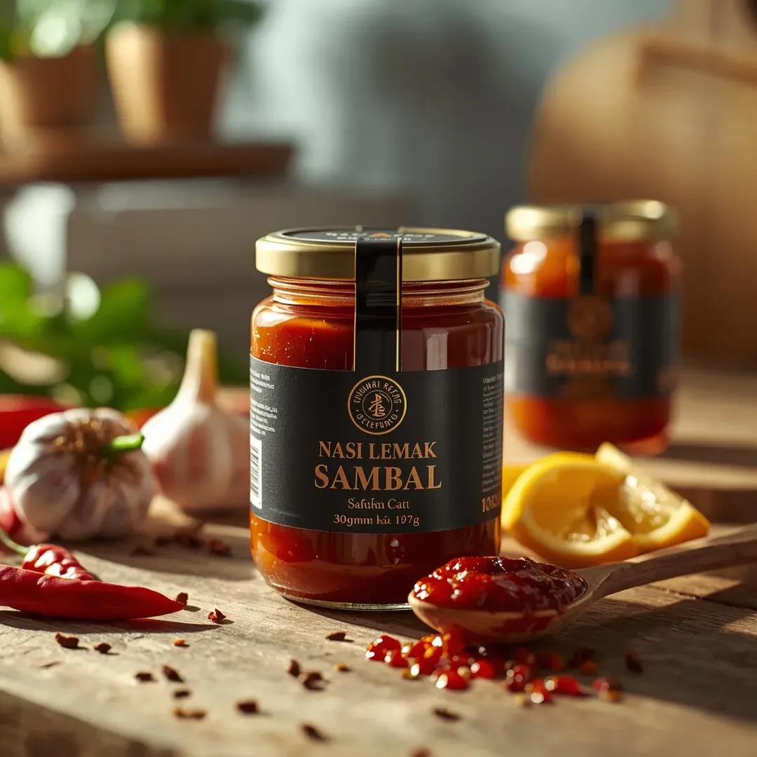超写实生活方式食品产品摄影:叁巴酱罐(椰浆饭叁巴酱 / Nasi Lemak Sambal),采用(近距离平视视角)拍摄,罐体居中置于前景,透…, 图片 3