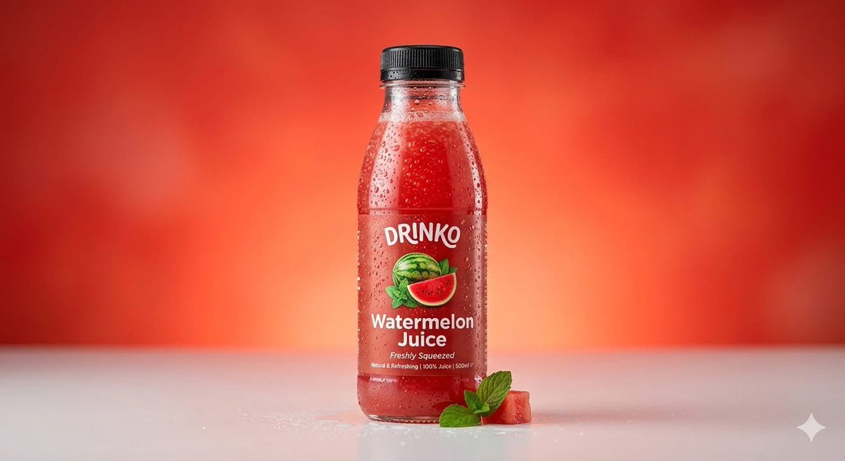 高端商业饮料产品摄影:一个(果汁瓶),标签为"(Drinko Watermelon Juice)",直立放置在画面中央,下方是干净的(光滑的工…, 图片 2