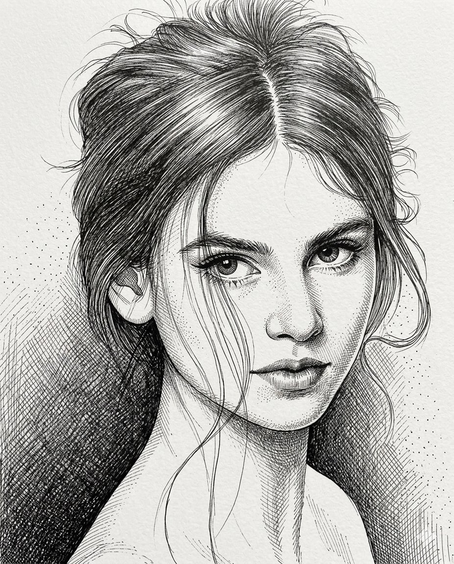 一幅高对比度的钢笔与墨水肖像画,描绘一位目光深情的年轻女性,基于一幅精致的铅笔素描。风格采用繁复的交叉影线和细密点描技法来营造深度与阴影。她的…, 图片 1