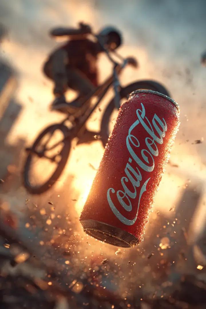 电影感的超写实动作镜头：一位 BMX 骑手在空中腾跃，一只手握着一罐冰爽的可口可乐朝向镜头。可口可乐罐体晶莹锐利，凝结的水珠闪闪发光，标志性的…, 图片 1