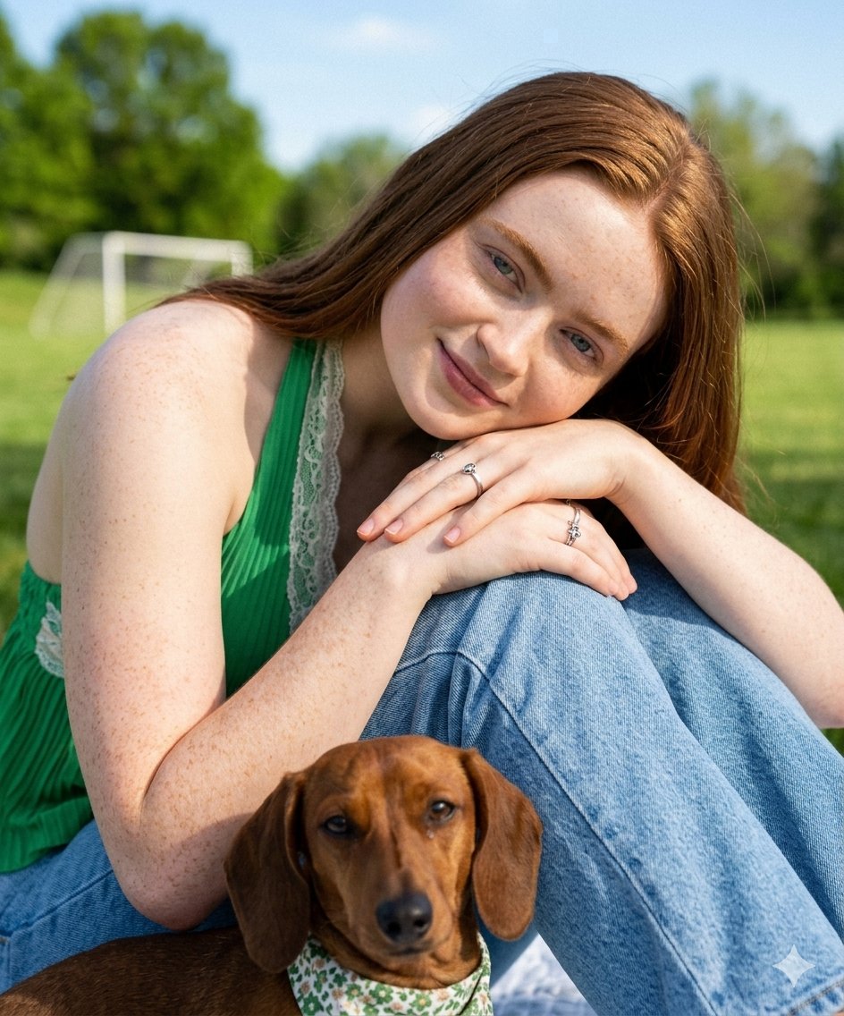 一位美丽的年轻女性,长相酷似 Sadie Sink,留着长直的红棕色头发,肤色白皙,五官精致出众,在一个阳光明媚的晴朗日子里,坐在阳光灿烂的绿…, 图片 1
