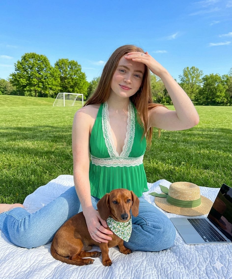一位美丽的年轻女性,长相酷似 Sadie Sink,留着长直的红棕色头发,肤色白皙,五官精致出众,在一个阳光明媚的晴朗日子里,坐在阳光灿烂的绿…, 图片 2