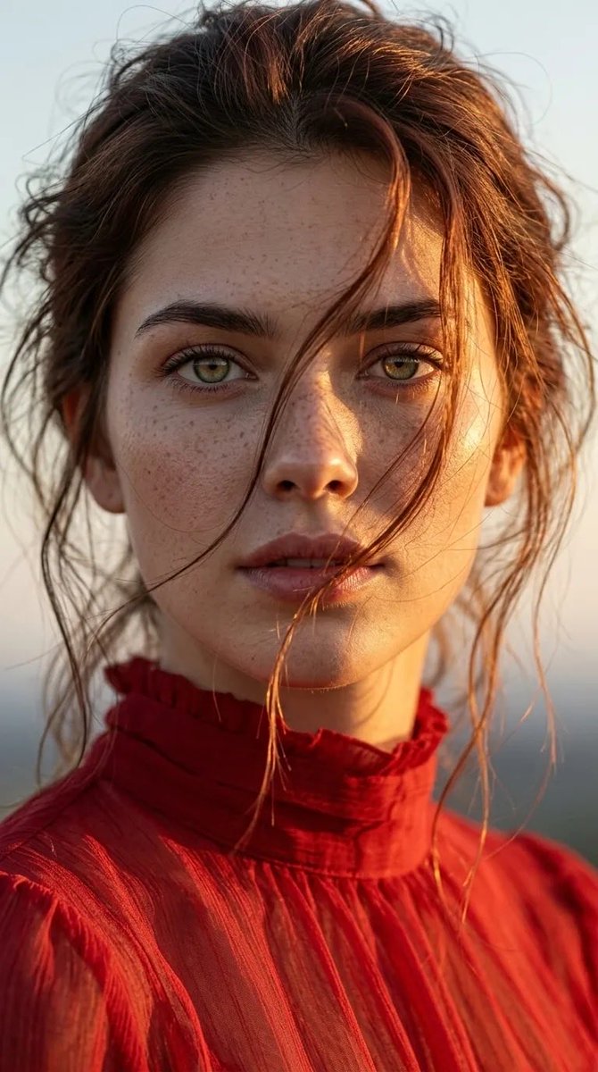 超写实肖像：一位年轻、脸上有雀斑的女性，绿色眼睛，自然肌肤质感，穿着红色高领薄纱上衣。黄金时段阳光在她脸上投射出温暖的高光和柔和的阴影。略显凌…, 图片 1