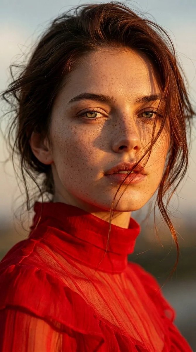 超写实肖像：一位年轻、脸上有雀斑的女性，绿色眼睛，自然肌肤质感，穿着红色高领薄纱上衣。黄金时段阳光在她脸上投射出温暖的高光和柔和的阴影。略显凌…, 图片 2