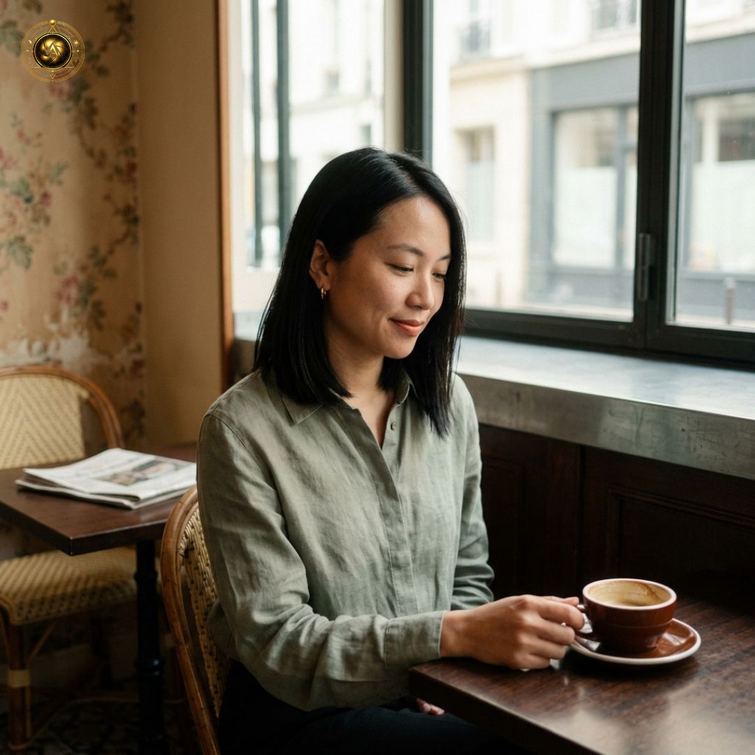 「咖啡馆里一位美丽的女人，电影感」, 图片 1